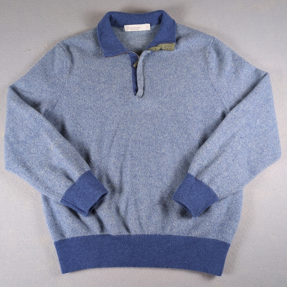 Ermenegildo Zegna 100% Cashmere Sweater Mens Large Blue 1/4 Zip Ovine Leather